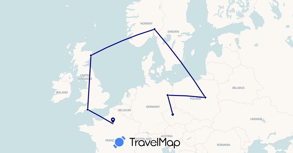 TravelMap itinerary: driving in Czech Republic, Germany, France, United Kingdom, Norway, Poland (Europe)