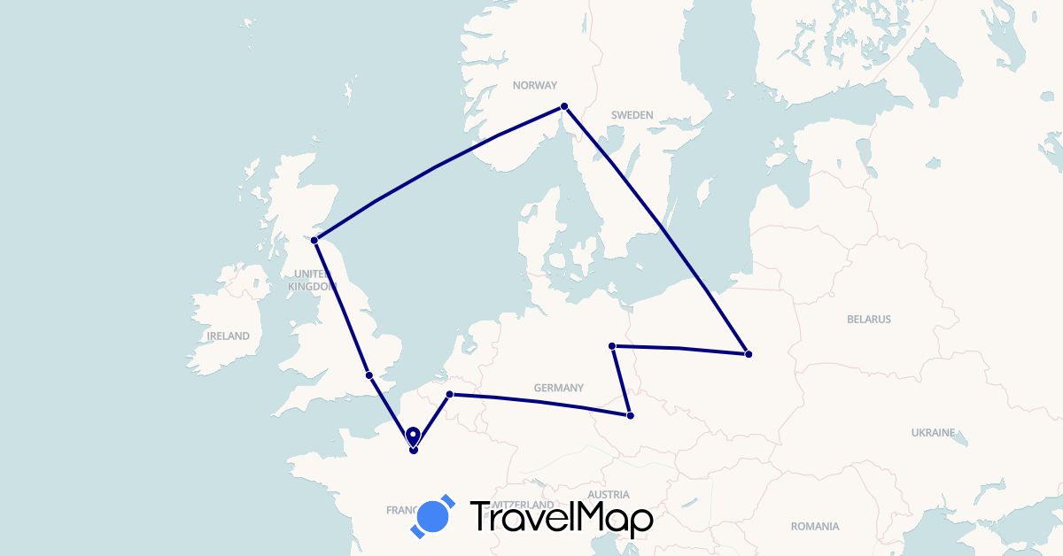TravelMap itinerary: driving in Belgium, Czech Republic, Germany, France, United Kingdom, Norway, Poland (Europe)